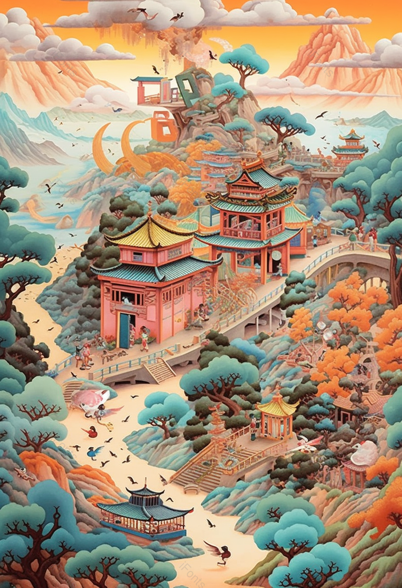 国潮中式建筑风景插画,插画/手绘图,插画/手绘图库,插画/手绘图下载,插画/手绘